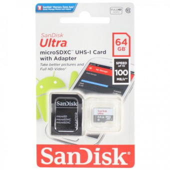 MicroSD  64GB  SanDisk Class 10 Ultra Light UHS-I  (100 Mb_s) + SD адаптер
