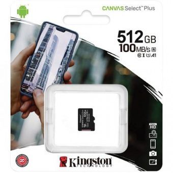 MicroSDXC 512GB Kingston Class 10 Canvas Select Plus A1 (100 Mb_s) без адаптера
