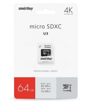 MicroSD  64GB  Smart Buy Сlass 10  Advanced U3 V30 A1 SD адаптер